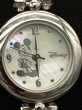 Vintage Mickey Mouse Opalescence Face Silver Tone Bracelet Watch